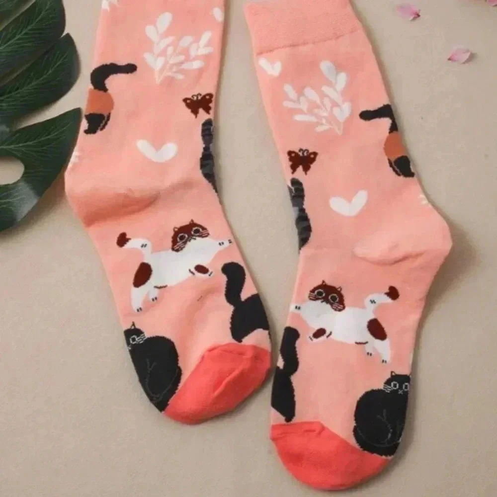 Pink black brown cartoon cat Womens crew socks activewear comfortable